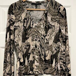 White House Black Market Snakeskin Smocked Top, Olive/Beige/Black, Size S
